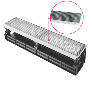 Entwässerungsrinne CANYON 3.0  aus recyceltem Kunststoff, Komplettset Rost + 3x Konsolen | Länge 1000 mm, Breite 207 mm, Höhe 250 mm Längsstabrost