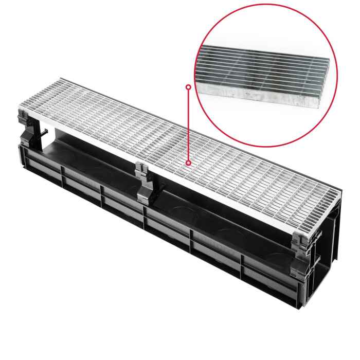 Entwässerungsrinne CANYON 3.0  aus recyceltem Kunststoff, Komplettset Rost + 3x Konsolen | Länge 1000 mm, Breite 207 mm, Höhe 250 mm Längsstabrost Ohne Türprofil