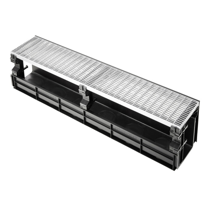 Entwässerungsrinne CANYON 3.0  aus recyceltem Kunststoff, Komplettset Rost + 3x Konsolen | Länge 1000 mm, Breite 207 mm, Höhe 250 mm Press-Gitterrost Ohne Türprofil