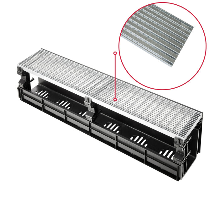 Entwässerungsrinne CANYON 3.0 perforiert aus recyceltem Kunststoff, Komplettset Rost + 3x Konsolen | Länge 1000 mm, Breite 207 mm, Höhe 250 mm Barfußrost