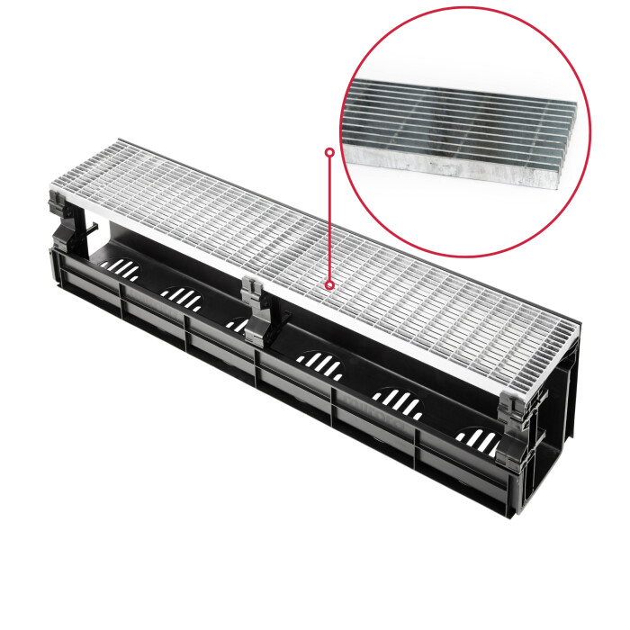 Entwässerungsrinne CANYON 3.0 perforiert aus recyceltem Kunststoff, Komplettset Rost + 3x Konsolen | Länge 1000 mm, Breite 207 mm, Höhe 250 mm Längsstabrost Ohne Türprofil