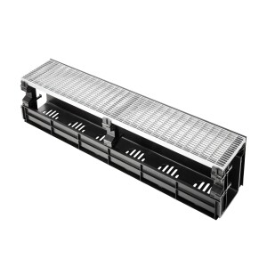 Entwässerungsrinne CANYON 3.0 perforiert aus recyceltem Kunststoff, Komplettset Rost + 3x Konsolen | Länge 1000 mm, Breite 207 mm, Höhe 250 mm Längsstabrost Ohne Türprofil