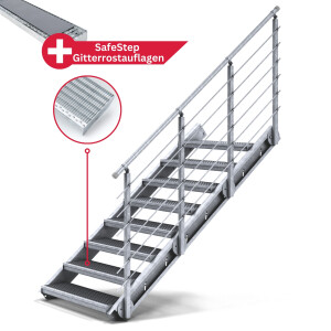 Treppenbausatz Typ1 modular, höhenverstellbar bis 2m Höhe, Stahltreppe mit einseitigem Geländer 1200x270 mm 30x10 mm Glatt + Auflage