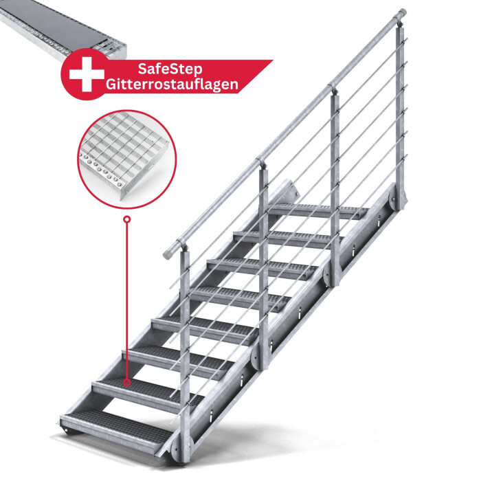 Treppenbausatz Typ1 modular, höhenverstellbar bis 2m Höhe, Stahltreppe mit einseitigem Geländer 1200x270 mm 30x30 mm Glatt + Auflage