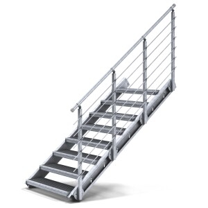 Treppenbausatz Typ1 modular, höhenverstellbar bis 2m Höhe, Stahltreppe mit einseitigem Geländer 1200x270 mm 30x30 mm Glatt + Auflage