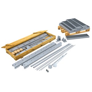 Treppenbausatz Typ1 modular, höhenverstellbar bis 2m Höhe, Stahltreppe mit einseitigem Geländer 1200x270 mm 30x30 mm Glatt + Auflage