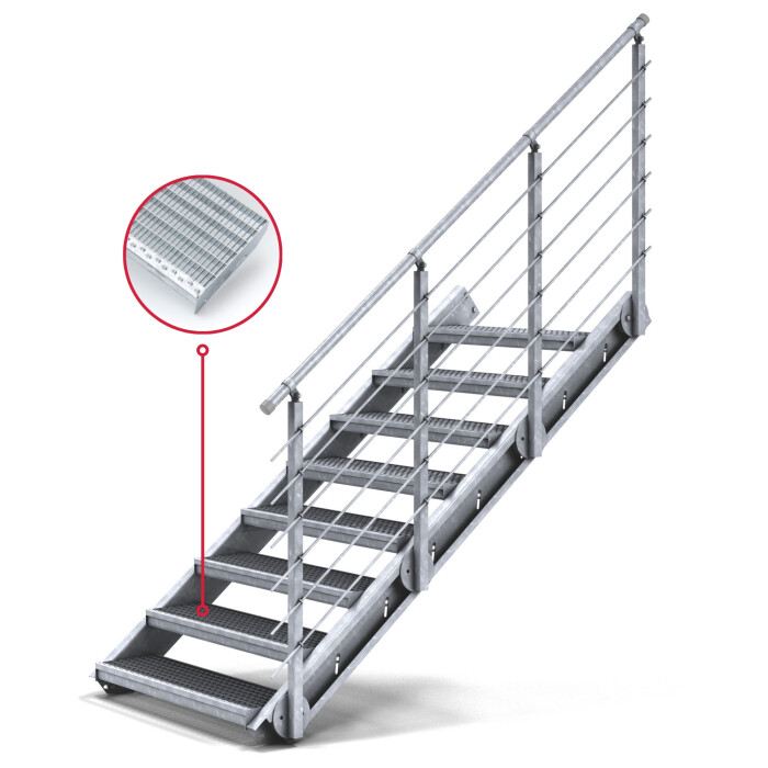 Treppenbausatz Typ1 modular, höhenverstellbar bis 2m Höhe, Stahltreppe mit einseitigem Geländer 800x270 mm 30x10 mm