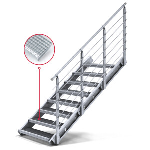 Treppenbausatz Typ1 modular, höhenverstellbar bis 2m Höhe, Stahltreppe mit einseitigem Geländer 800x270 mm 30x10 mm