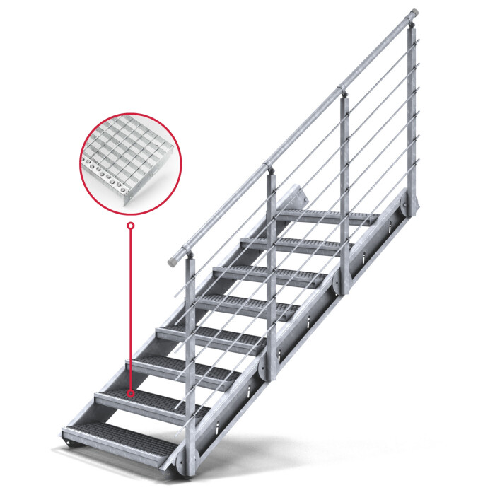 Treppenbausatz Typ1 modular, höhenverstellbar bis 2m Höhe, Stahltreppe mit einseitigem Geländer 800x270 mm 30x30 mm