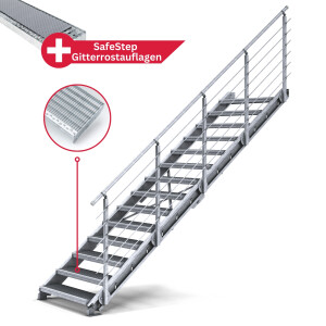 Treppenbausatz Typ2 modular, höhenverstellbar bis 3,50m Höhe, Stahltreppe mit einseitigem Geländer  1000x270 mm 30x10 mm Genoppt - rutschhemmend + Auflage