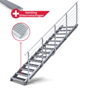 Treppenbausatz Typ2 modular, höhenverstellbar bis 3,50m Höhe, Stahltreppe mit einseitigem Geländer  1200x270 mm 30x10 mm Glatt + Auflage