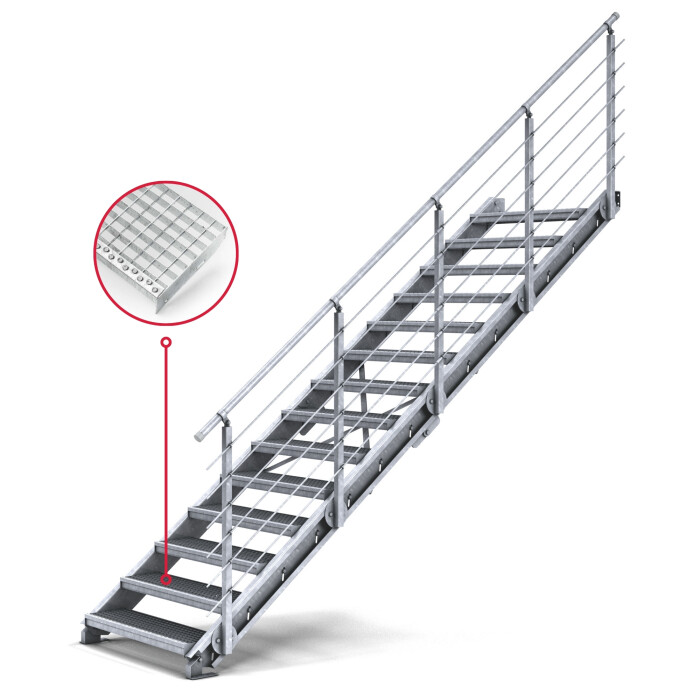 Treppenbausatz Typ2 modular, höhenverstellbar bis 3,50m Höhe, Stahltreppe mit einseitigem Geländer  1200x270 mm 30x30 mm
