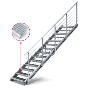 Treppenbausatz Typ2 modular, höhenverstellbar bis 3,50m Höhe, Stahltreppe mit einseitigem Geländer  800x270 mm 30x10 mm