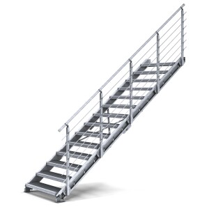Treppenbausatz Typ2 modular, höhenverstellbar bis 3,50m Höhe, Stahltreppe mit einseitigem Geländer  800x270 mm 30x30 mm Glatt + Auflage