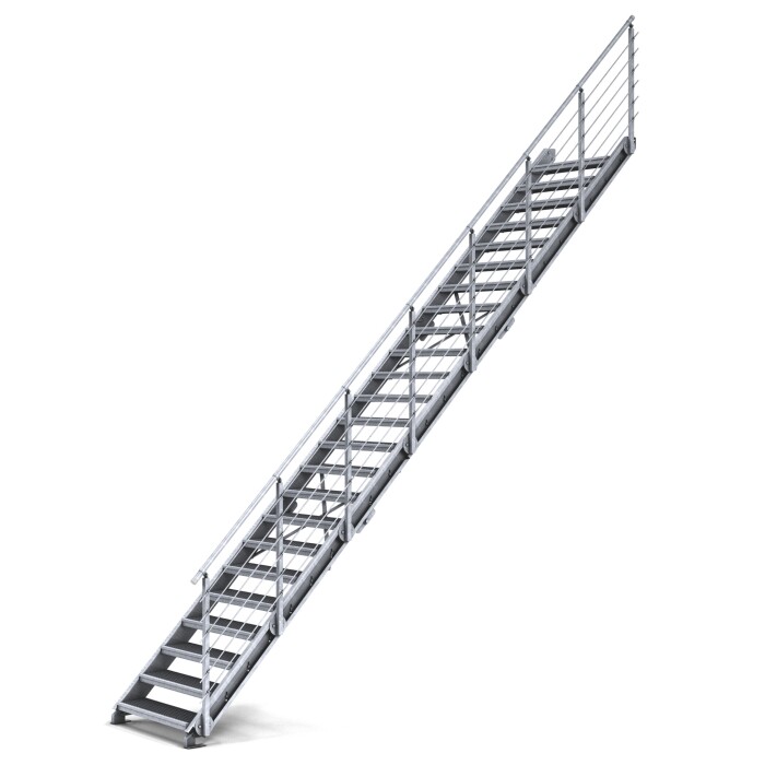 Treppenbausatz Typ3 modular, höhenverstellbar bis 5,80m Höhe, Stahltreppe mit einseitigem Geländer  1200x270 mm 30x30 mm Genoppt - rutschhemmend + Auflage