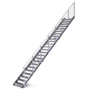 Treppenbausatz Typ3 modular, höhenverstellbar bis 5,80m Höhe, Stahltreppe mit einseitigem Geländer  1200x270 mm 30x30 mm Genoppt - rutschhemmend + Auflage